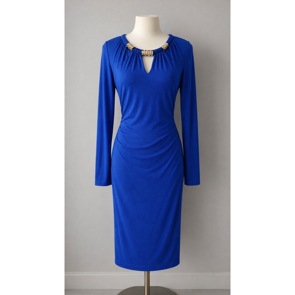 Cache Royal Blue Ruched Sheath Dress Gold Studded Keyhole Neckline L Long Sleeve
